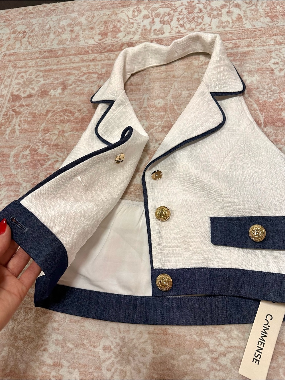NWT ⚜️ Commense Tweed & Denim Cropped Halter Top - Picture 12 of 13